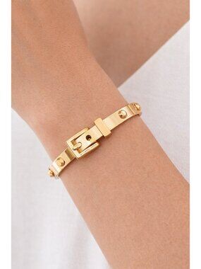 Designer Michael Kors Gold Tone Studded Hinged Buckle Bangle Bracelet Adjustable